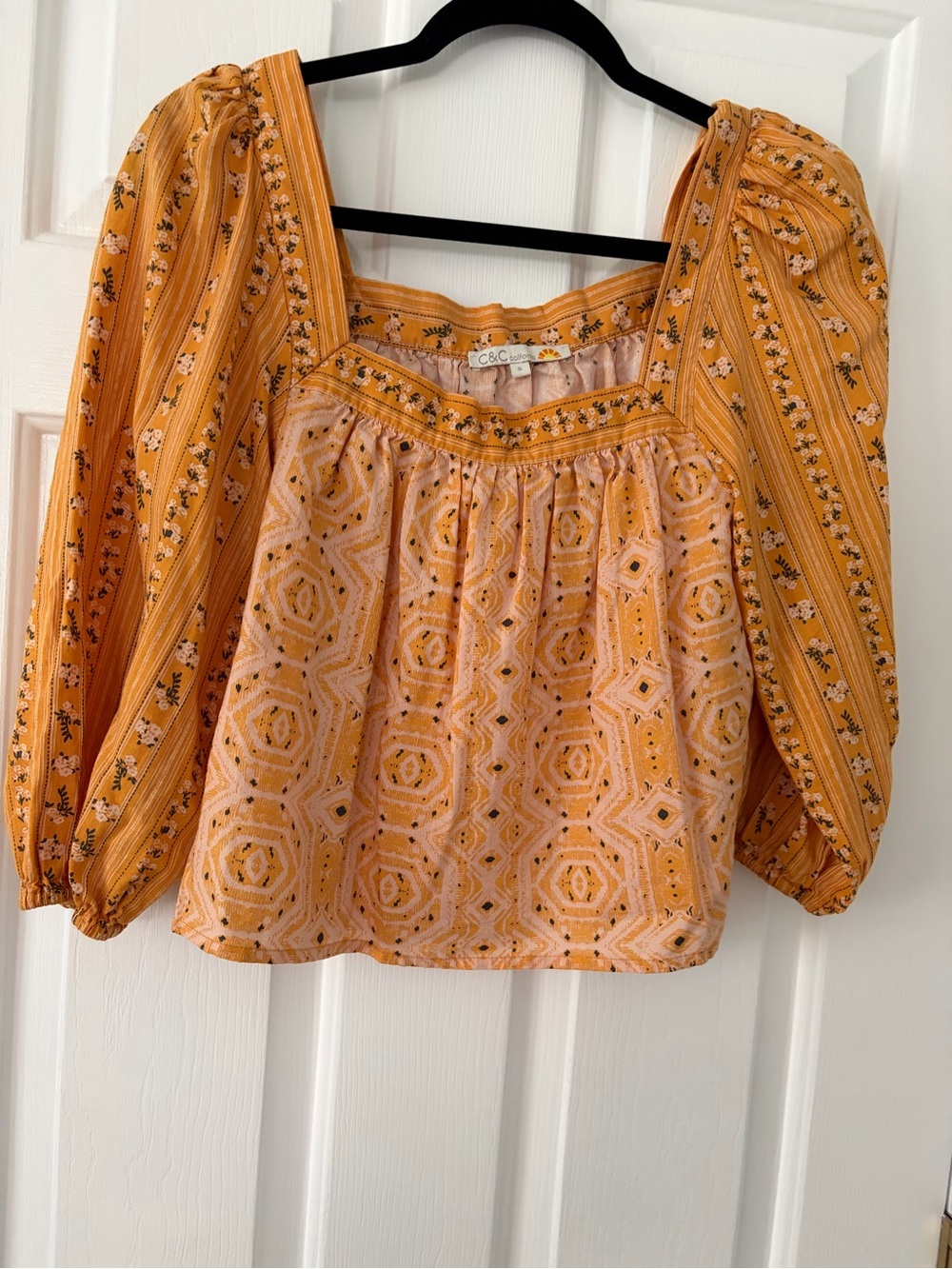 C&C California Golden Yellow Floral Puff-Sleeve Square Neck Blouse